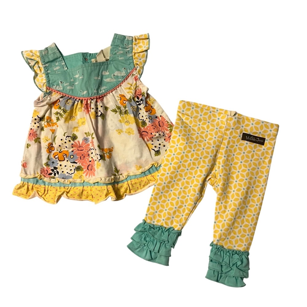 Matilda Jane Upsy Daisy Girls Floral Swan Ruffle Tunic Leggings Set 3-6 Months